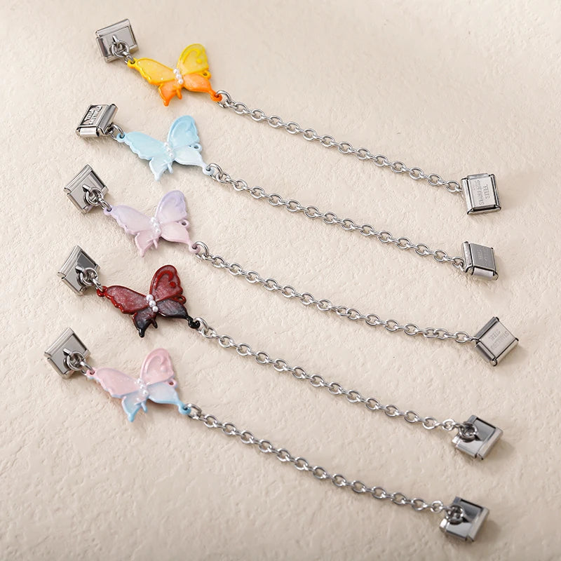 Charm Italiano Doble - Cadena Mariposa con Perlas (Estilo Pastel)