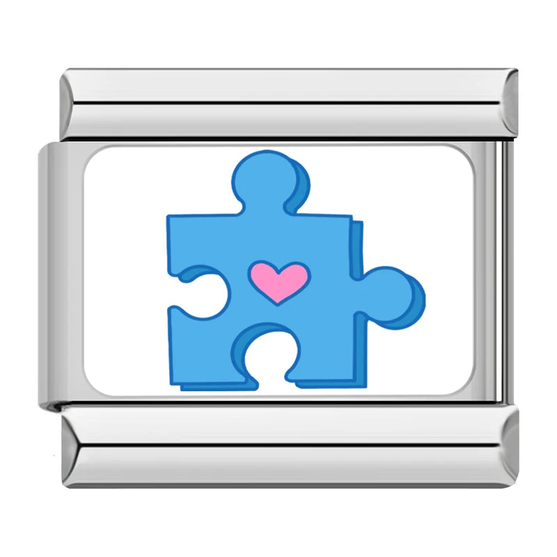 Charm Italiano Link - Colección "Parejas y Conexión": Puzzle, Llave y Coronas (Acero Esmaltado)