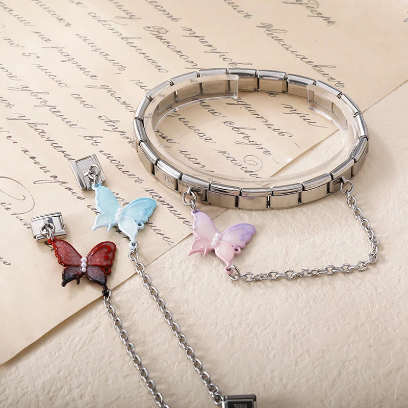 Charm Italiano Doble - Cadena Mariposa con Perlas (Estilo Pastel)