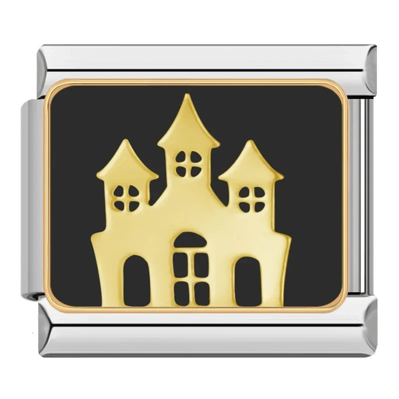 Charm Italiano Plano - Colección Halloween Gótico (Cráneos, Murciélagos y Luna)