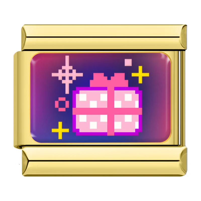 Charm Italiano Link - Colección "Pixel Art" Retro 8-Bit y Gamer (Acero Dorado)