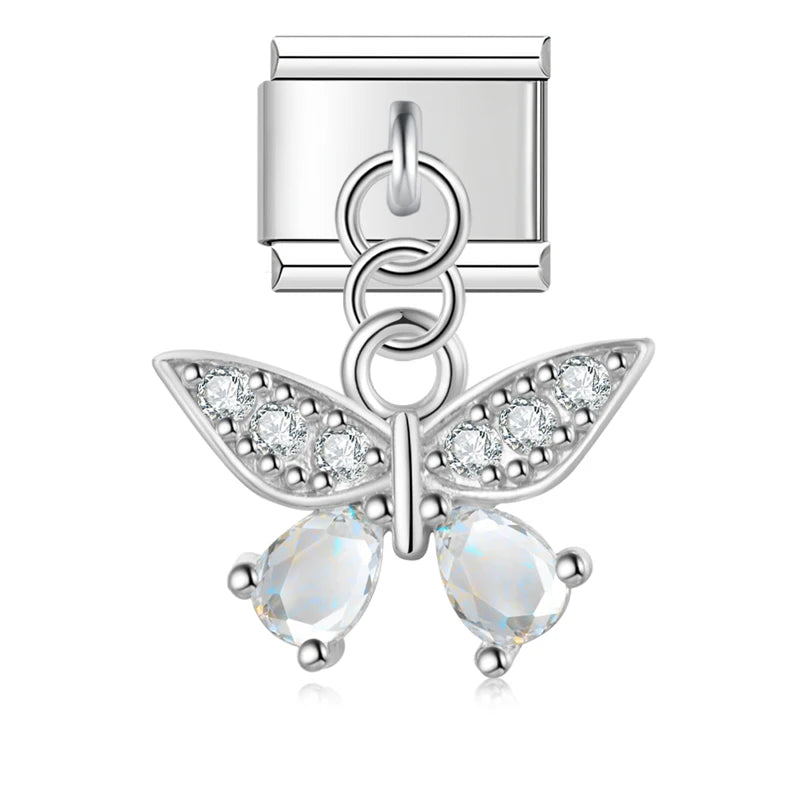 Charm Italiano Colgante - Mariposa y Tortuga con Zirconias (Oro, Plata y Rosa)