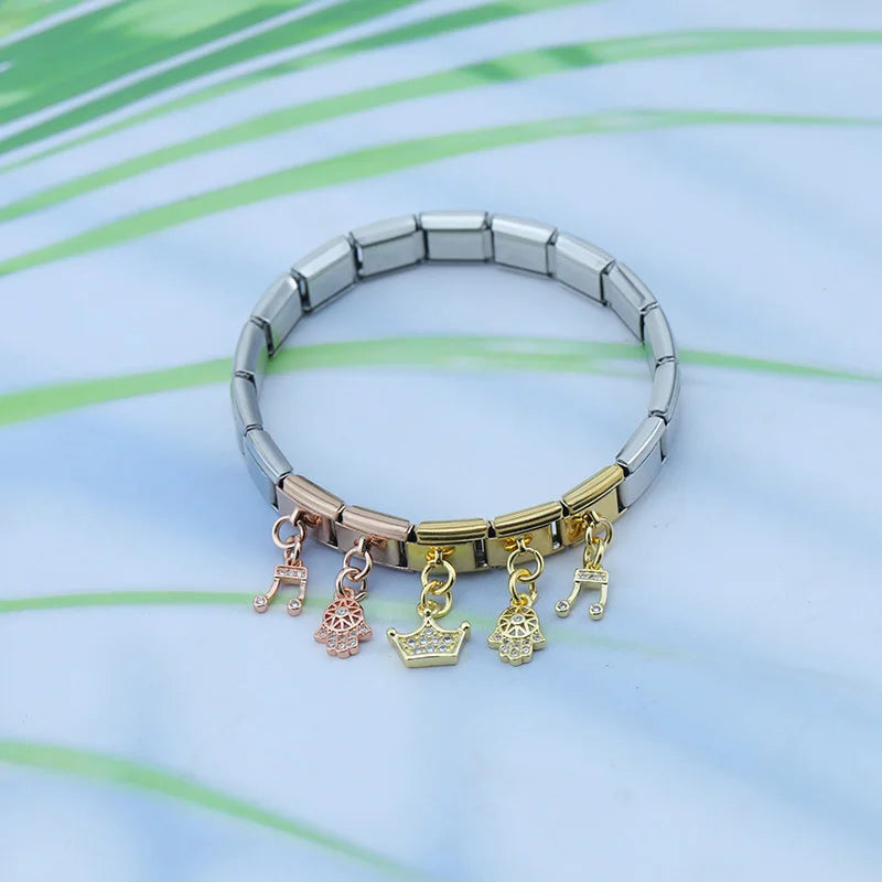 Charm Italiano Colgante - Colección Símbolos Brillantes (Corona, Música, Mano de Fátima)