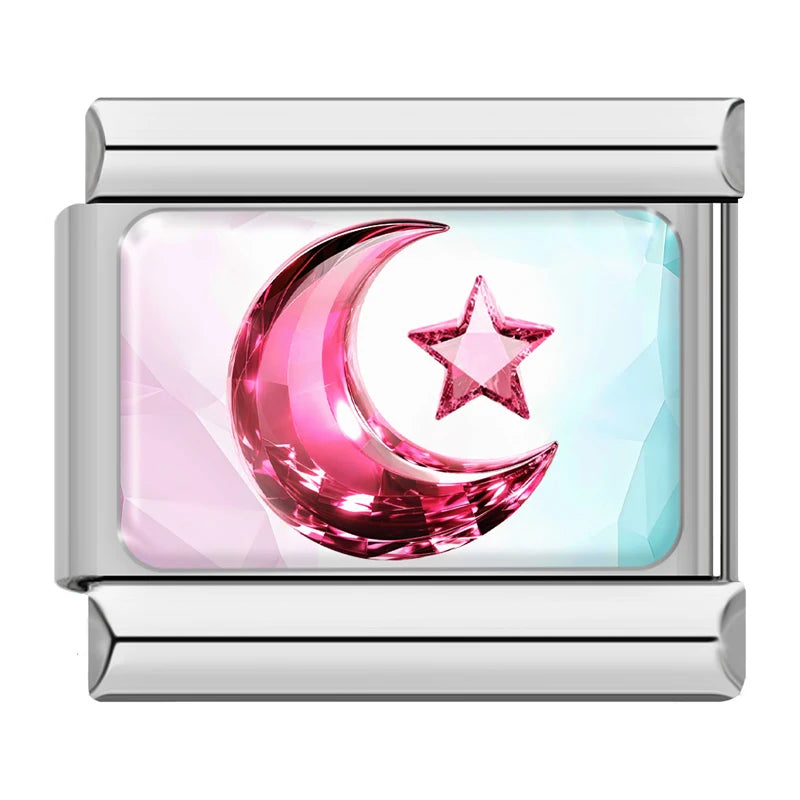 Charm Italiano Link - Colección "Gemas y Destellos": Corazones, Coronas y Cristales (Acero Plata)