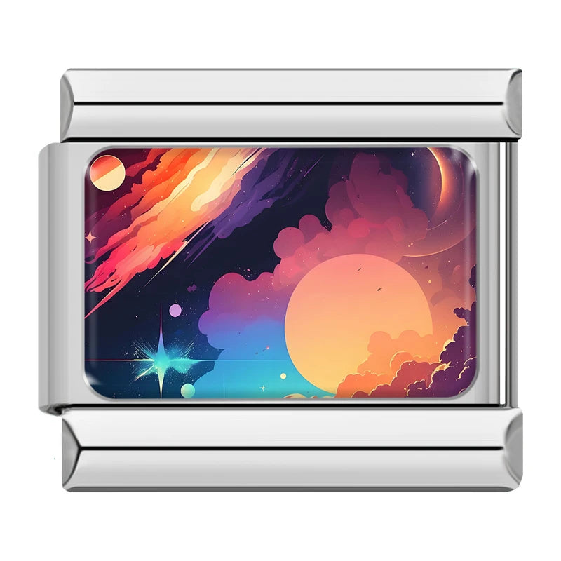 Charm Italiano Link - Colección "Cielos de Ensueño": Atardecer, Nubes y Galaxia (Acero Plata)