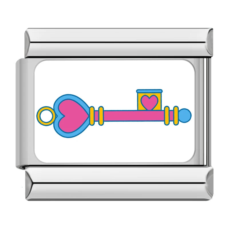 Charm Italiano Link - Colección "Parejas y Conexión": Puzzle, Llave y Coronas (Acero Esmaltado)