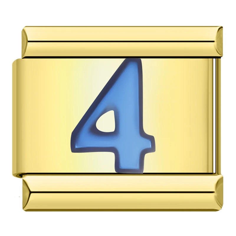 Charm Italiano Plano - Números Azules en Base Dorada (Dígitos 0-9)
