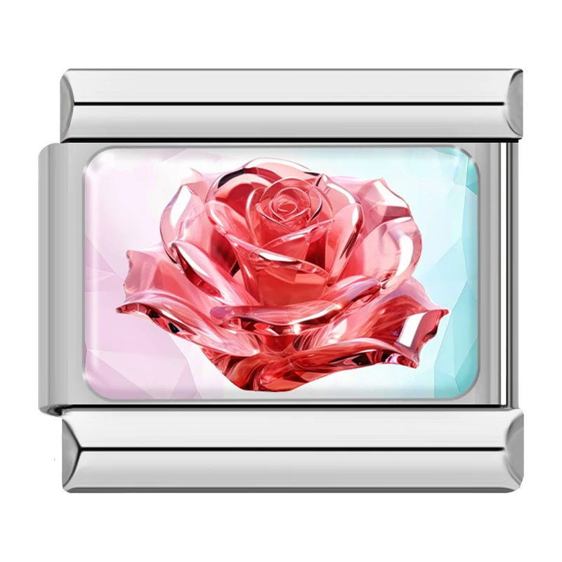 Charm Italiano Link - Colección "Gemas y Destellos": Corazones, Coronas y Cristales (Acero Plata)