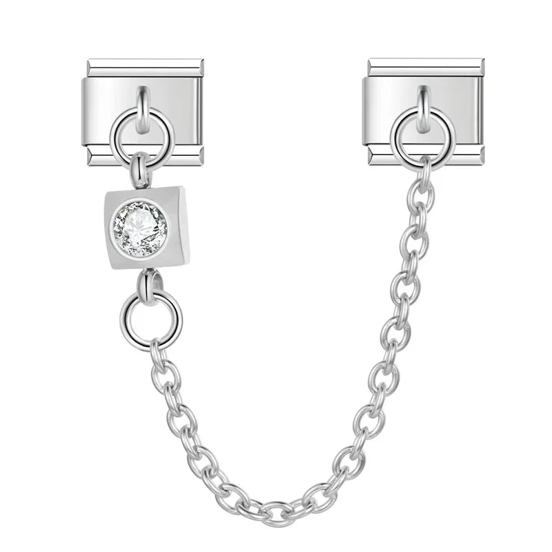 Charm Italiano Doble - Cadena de Seguridad con Mini-Colgante (Plata y Zirconias)