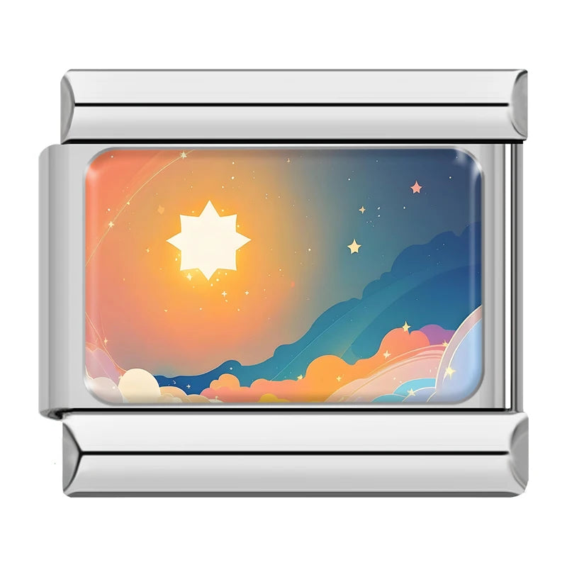 Charm Italiano Link - Colección "Cielos de Ensueño": Atardecer, Nubes y Galaxia (Acero Plata)