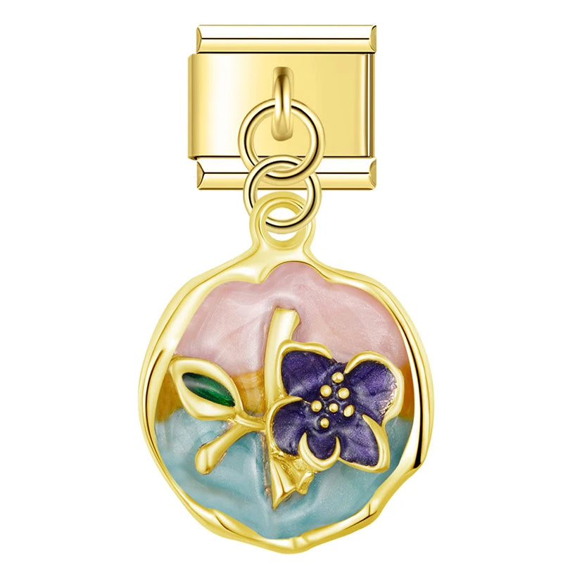 Charm Italiano Colgante - Medallón Floral (Arte Miniatura en Oro)