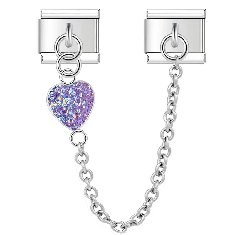 Charm Italiano Doble - Corazón Texturizado con Cadena (Efecto Escarcha)