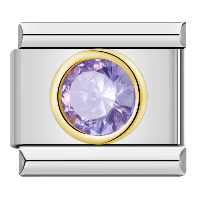 Charm Italiano Link - Colección "Punto de Luz": Circonitas Redondas con Borde Dorado (Acero)