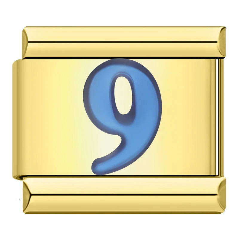 Charm Italiano Plano - Números Azules en Base Dorada (Dígitos 0-9)