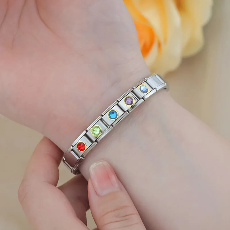 Charm Italiano Link - Colección "Punto de Luz": Circonitas Redondas con Borde Dorado (Acero)