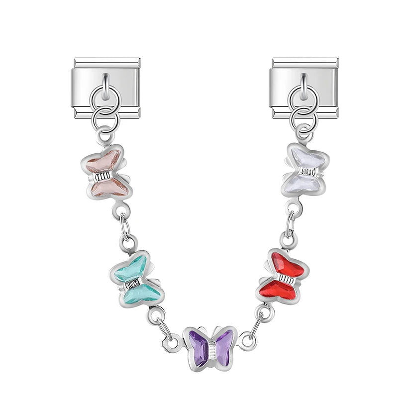 Charm Italiano Doble - Cadena de Motivos Arcoíris (Mariposas y Corazones)