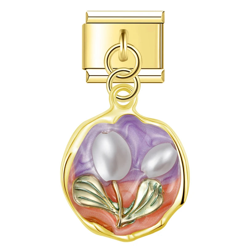 Charm Italiano Colgante - Medallón Floral (Arte Miniatura en Oro)