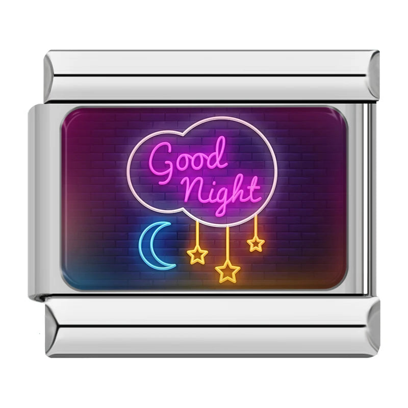Charm Italiano Link - Colección "Neon Vibes": Luces LED, Amor y Fiesta (Acero Plata)