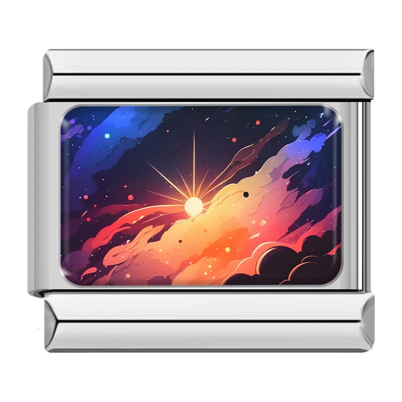 Charm Italiano Link - Colección "Cielos de Ensueño": Atardecer, Nubes y Galaxia (Acero Plata)