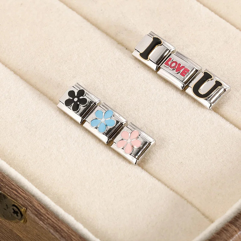 Charm Italiano Plano - Colección Amor Simple (Flores, Corazones y "I Love U")