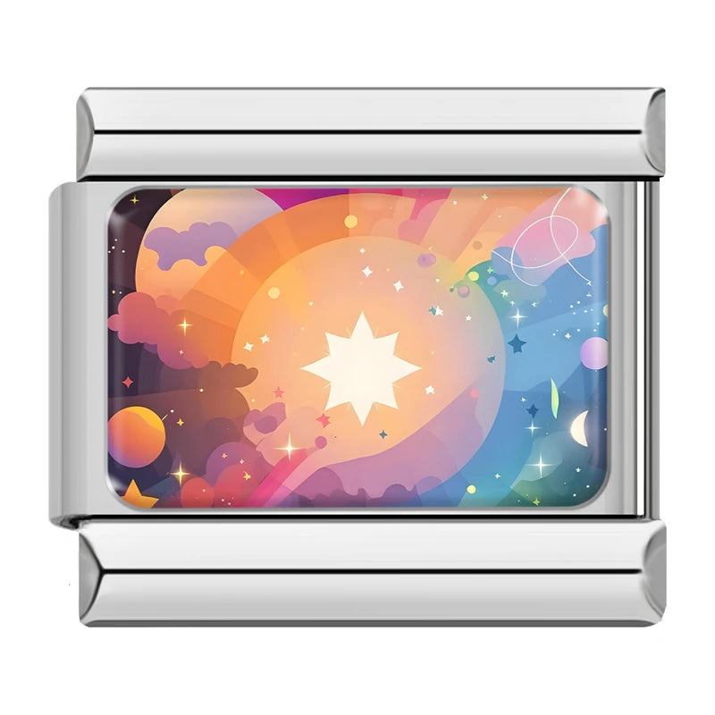 Charm Italiano Link - Colección "Cielos de Ensueño": Atardecer, Nubes y Galaxia (Acero Plata)