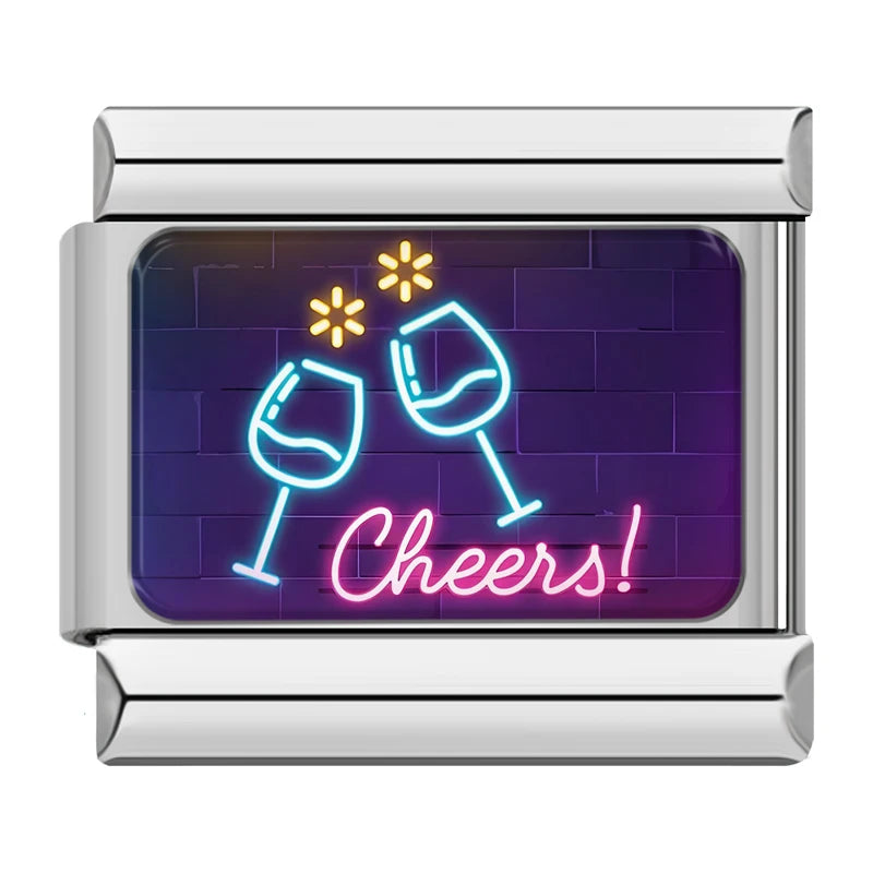 Charm Italiano Link - Colección "Neon Vibes": Luces LED, Amor y Fiesta (Acero Plata)