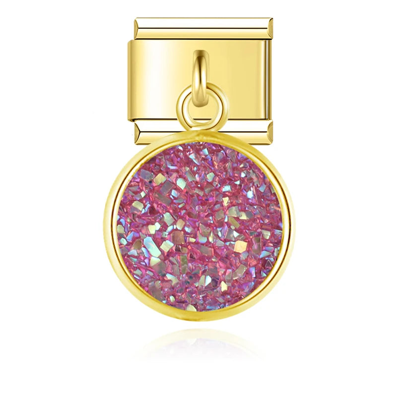 Charm Italiano Colgante - Disco Glitter Cósmico (Efecto Drusa en Oro)