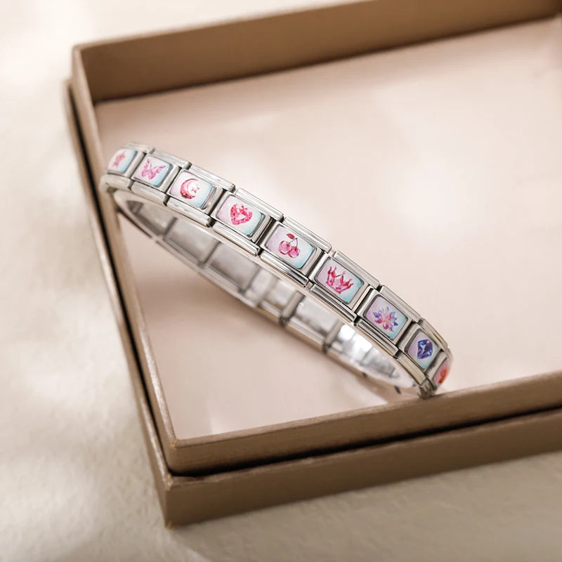 Charm Italiano Link - Colección "Gemas y Destellos": Corazones, Coronas y Cristales (Acero Plata)