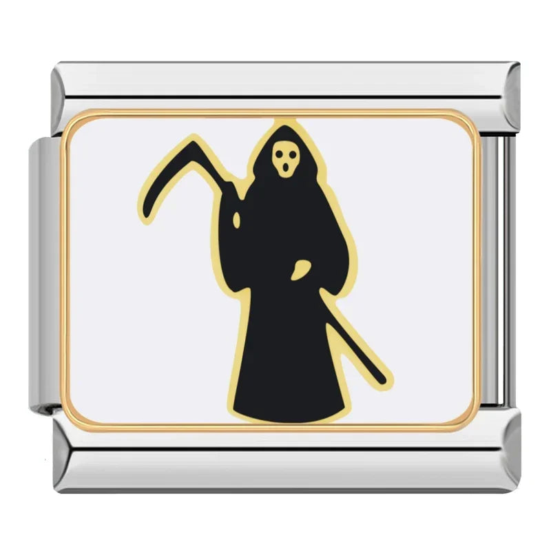 Charm Italiano Plano - Colección Halloween Gótico (Cráneos, Murciélagos y Luna)