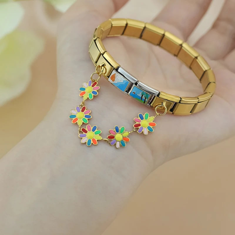 Charm Italiano Doble - Guirnalda de Flores (Estilo Primavera Dorada)