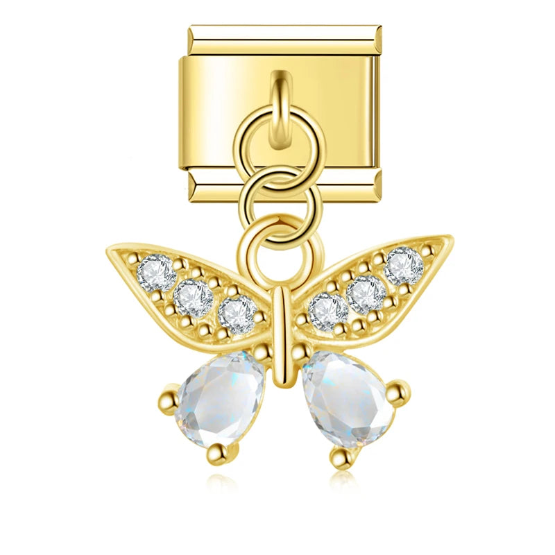 Charm Italiano Colgante - Mariposa y Tortuga con Zirconias (Oro, Plata y Rosa)