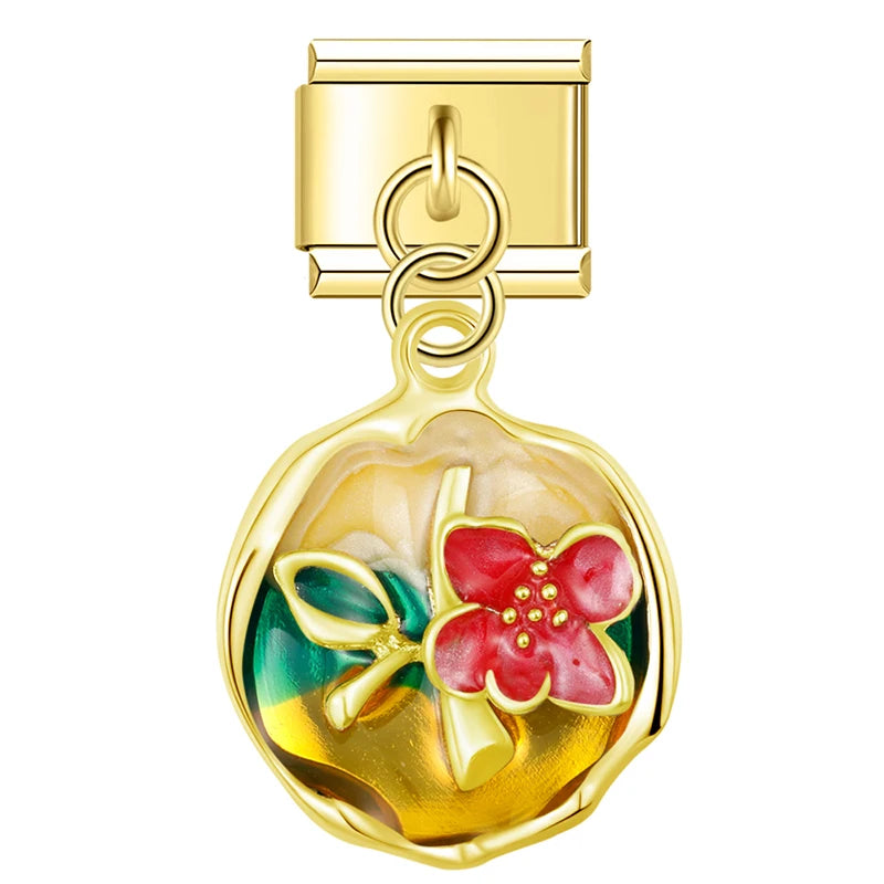 Charm Italiano Colgante - Medallón Floral (Arte Miniatura en Oro)