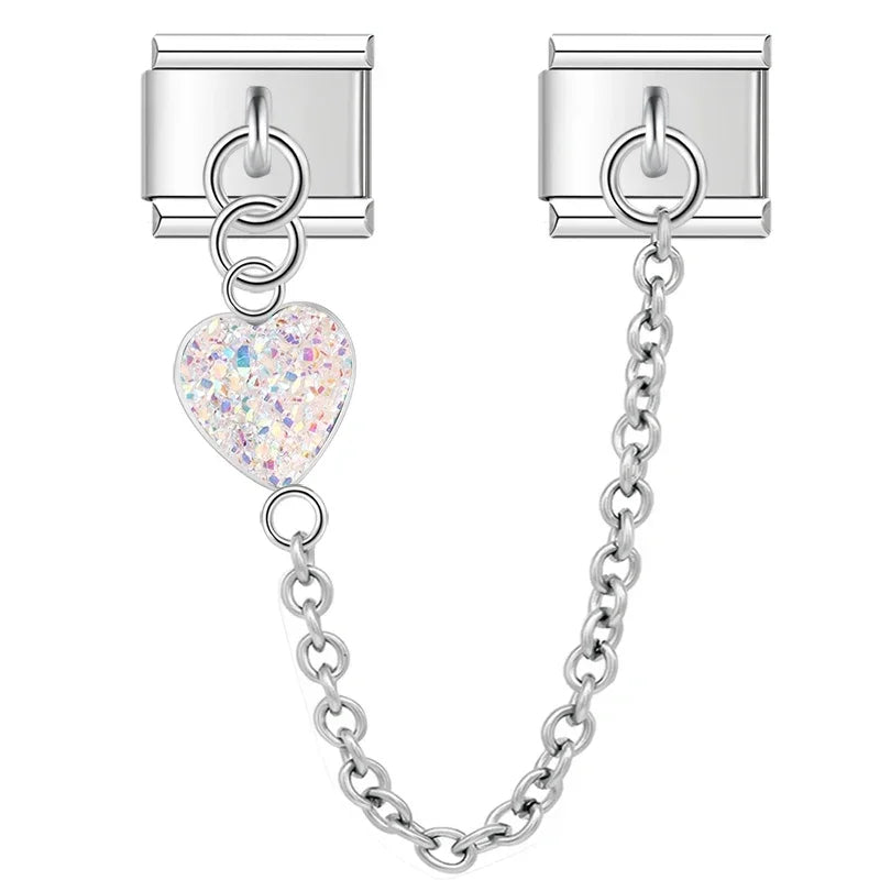 Charm Italiano Doble - Corazón Texturizado con Cadena (Efecto Escarcha)