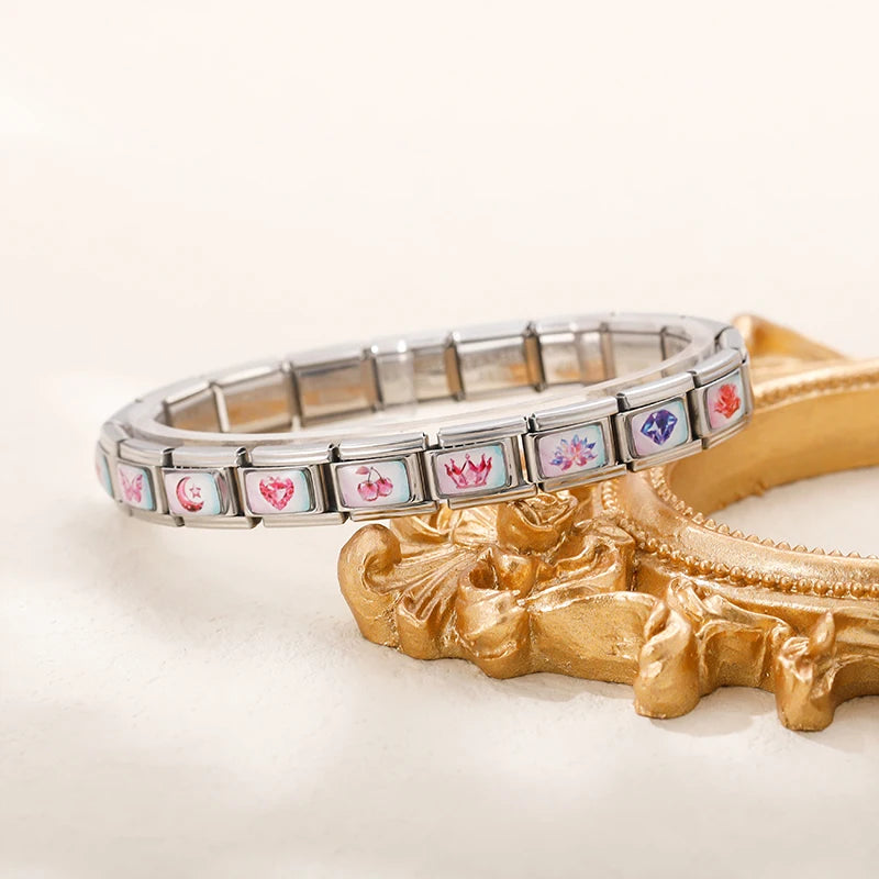 Charm Italiano Link - Colección "Gemas y Destellos": Corazones, Coronas y Cristales (Acero Plata)