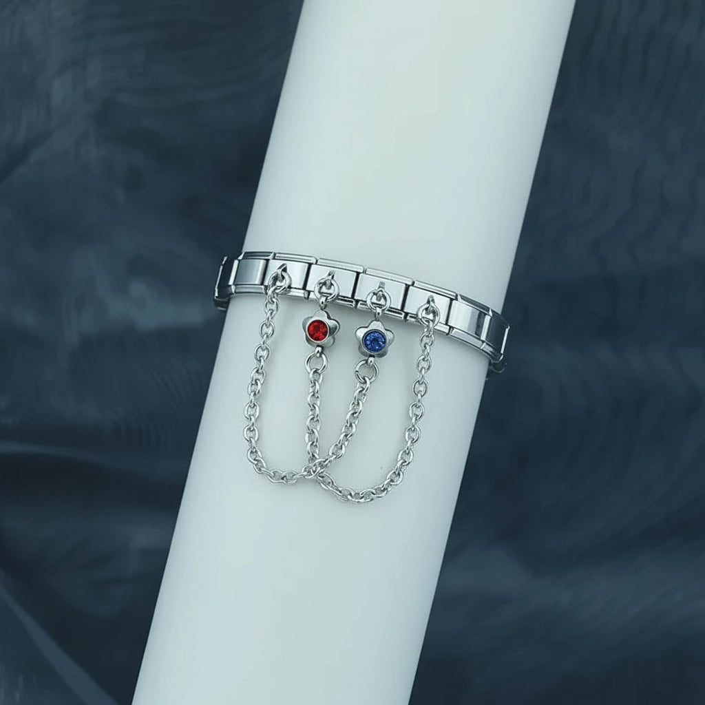 Charm Italiano Doble - Cadena de Seguridad con Mini-Colgante (Plata y Zirconias)