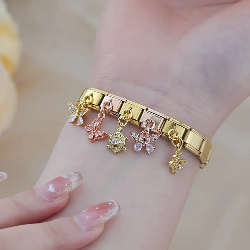 Charm Italiano Colgante - Mariposa y Tortuga con Zirconias (Oro, Plata y Rosa)