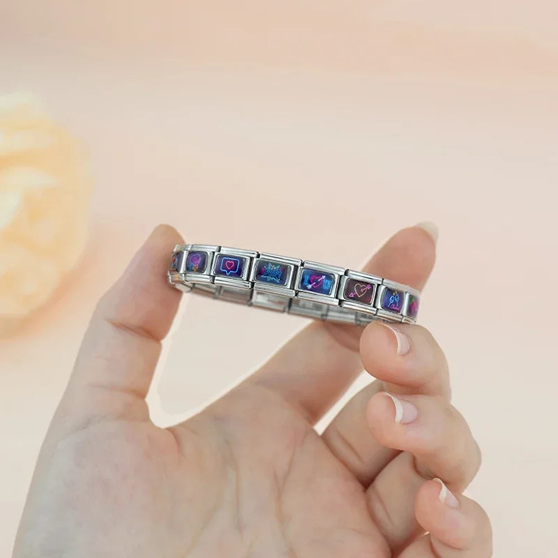 Charm Italiano Link - Colección "Neon Vibes": Luces LED, Amor y Fiesta (Acero Plata)