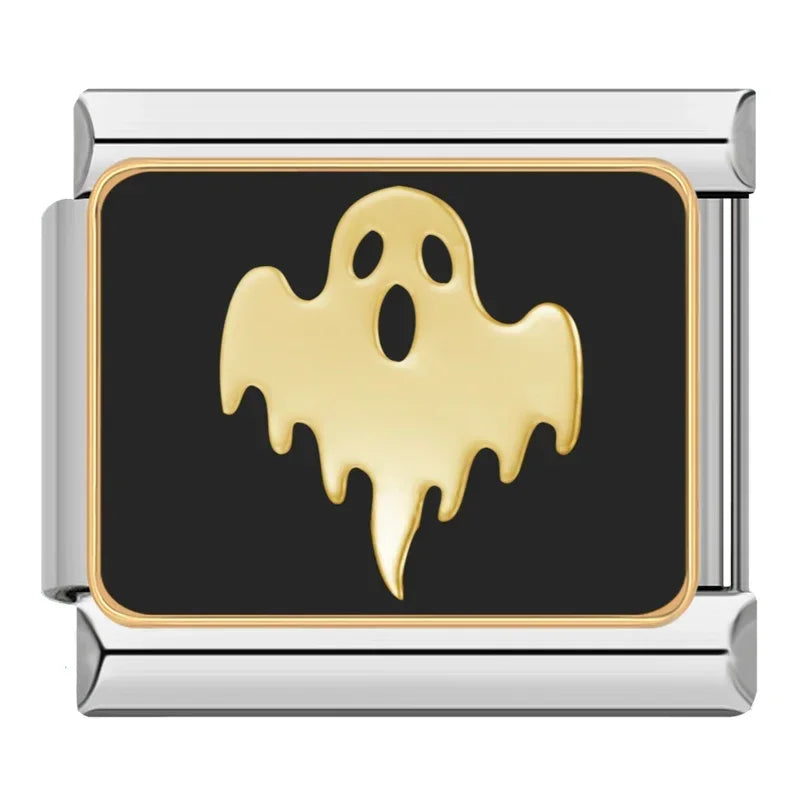 Charm Italiano Plano - Colección Halloween Gótico (Cráneos, Murciélagos y Luna)