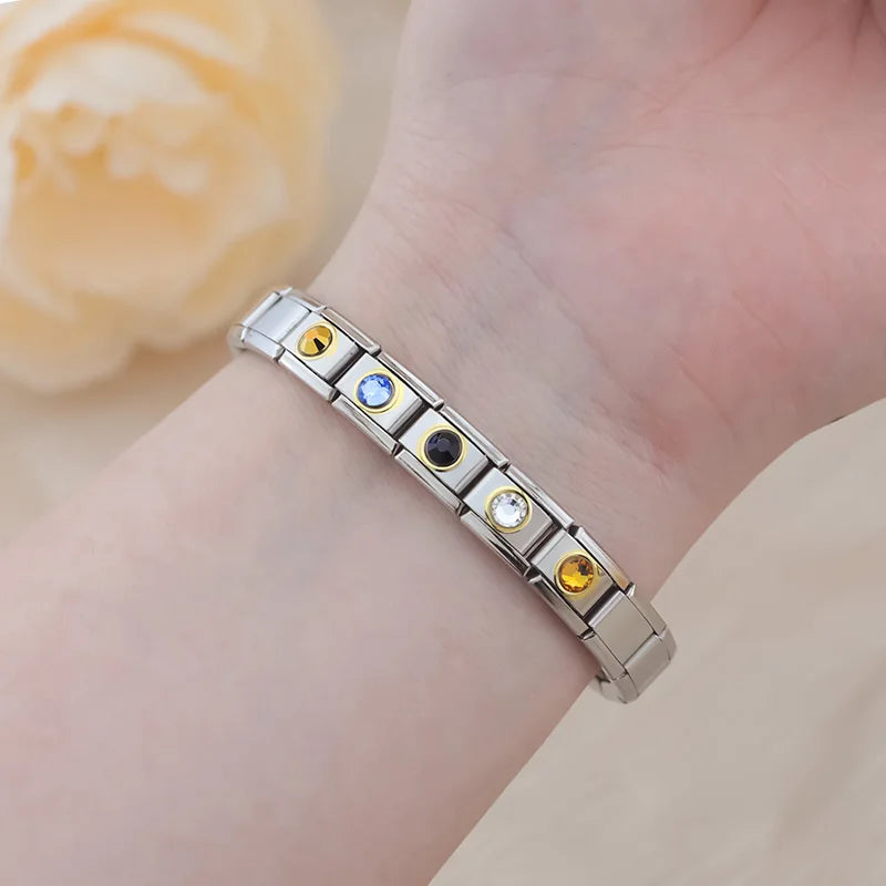 Charm Italiano Link - Colección "Punto de Luz": Circonitas Redondas con Borde Dorado (Acero)