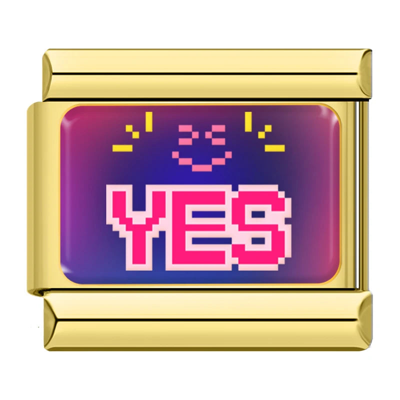 Charm Italiano Link - Colección "Pixel Art" Retro 8-Bit y Gamer (Acero Dorado)