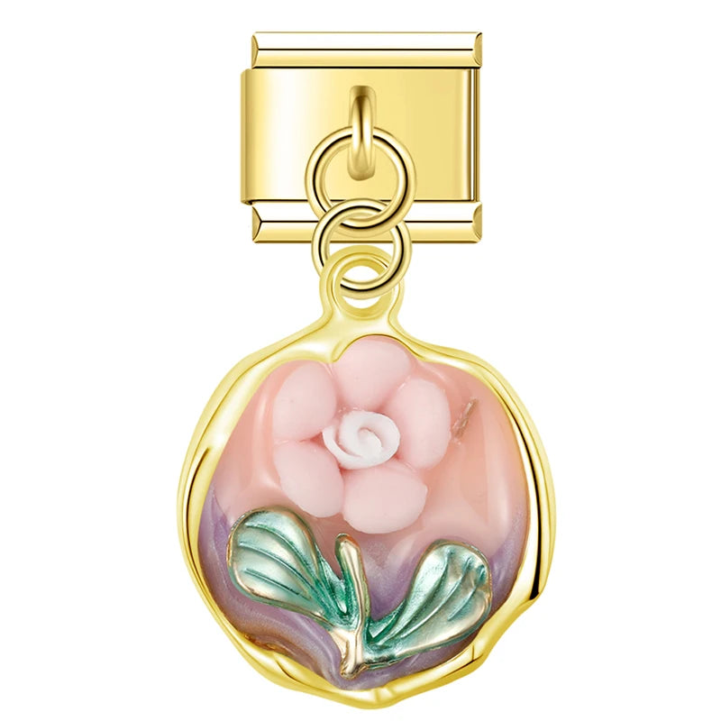 Charm Italiano Colgante - Medallón Floral (Arte Miniatura en Oro)