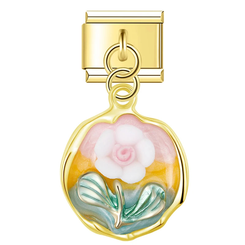 Charm Italiano Colgante - Medallón Floral (Arte Miniatura en Oro)