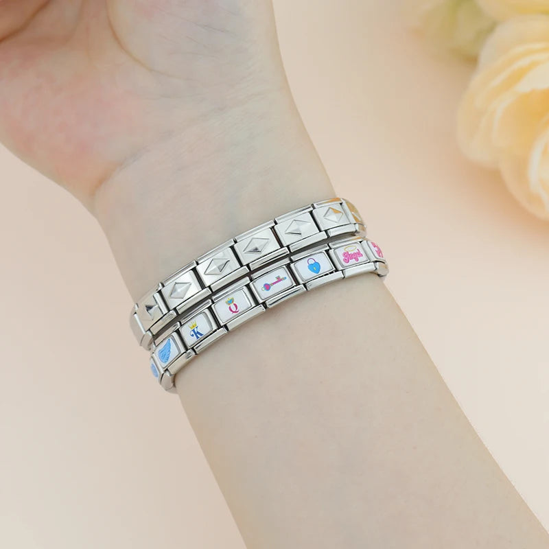 Charm Italiano Link - Colección "Parejas y Conexión": Puzzle, Llave y Coronas (Acero Esmaltado)