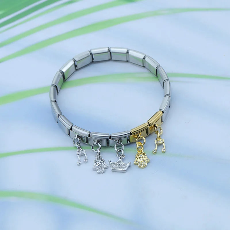 Charm Italiano Colgante - Colección Símbolos Brillantes (Corona, Música, Mano de Fátima)