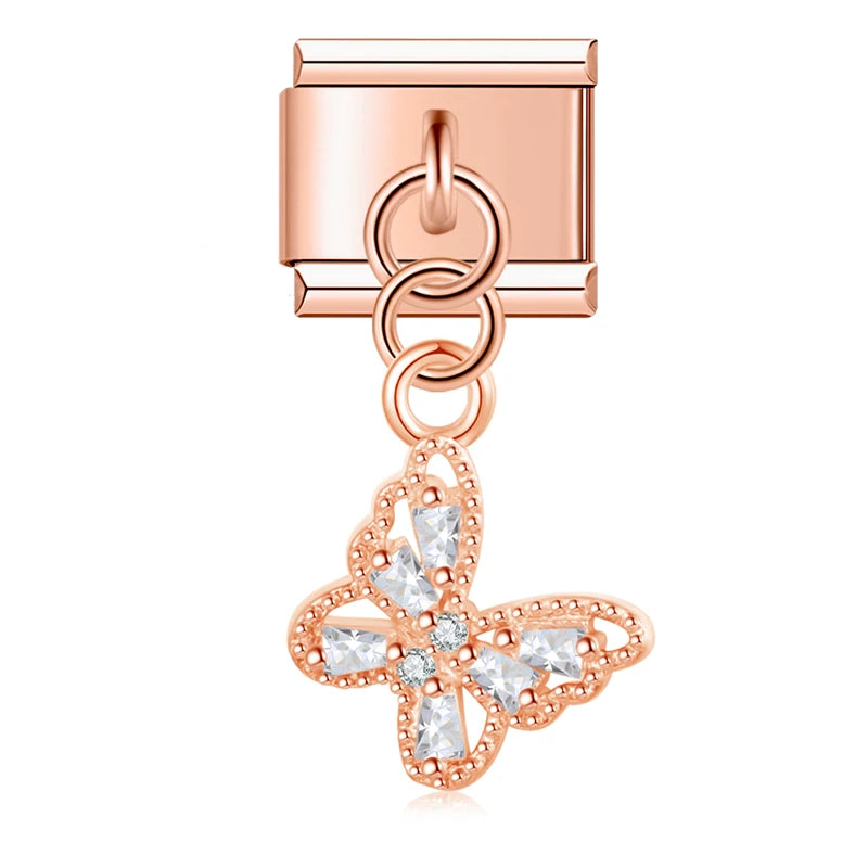 Charm Italiano Colgante - Mariposa y Tortuga con Zirconias (Oro, Plata y Rosa)