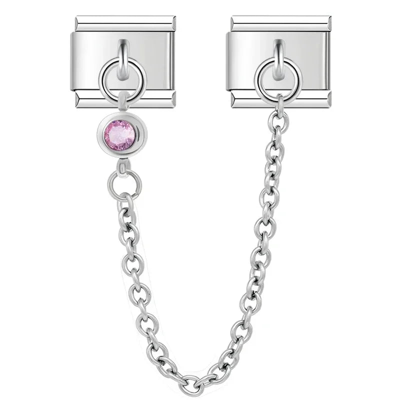 Charm Italiano Doble - Cadena de Seguridad con Mini-Colgante (Plata y Zirconias)