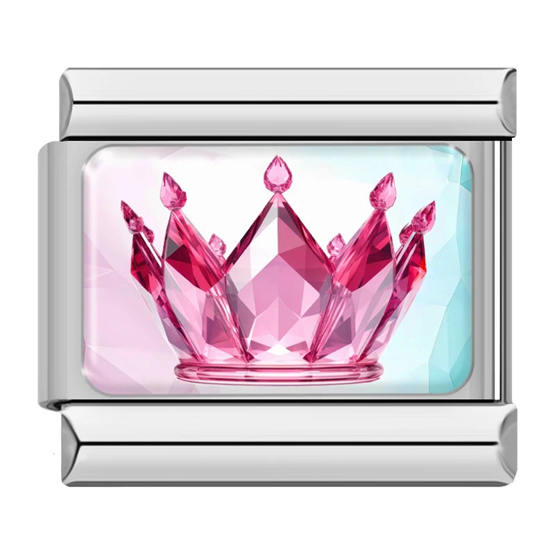 Charm Italiano Link - Colección "Gemas y Destellos": Corazones, Coronas y Cristales (Acero Plata)