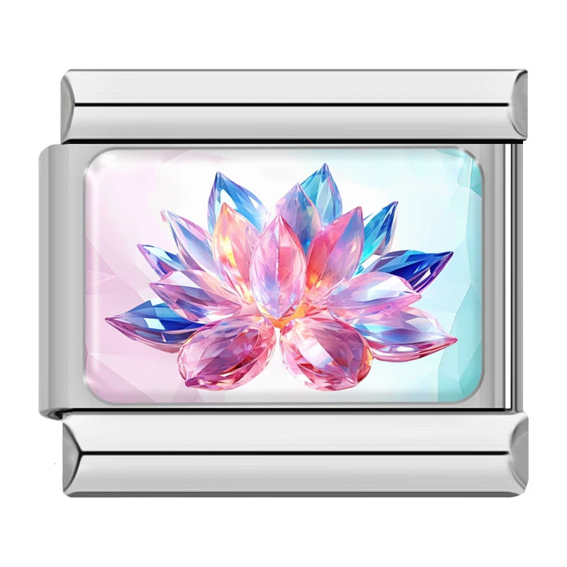 Charm Italiano Link - Colección "Gemas y Destellos": Corazones, Coronas y Cristales (Acero Plata)