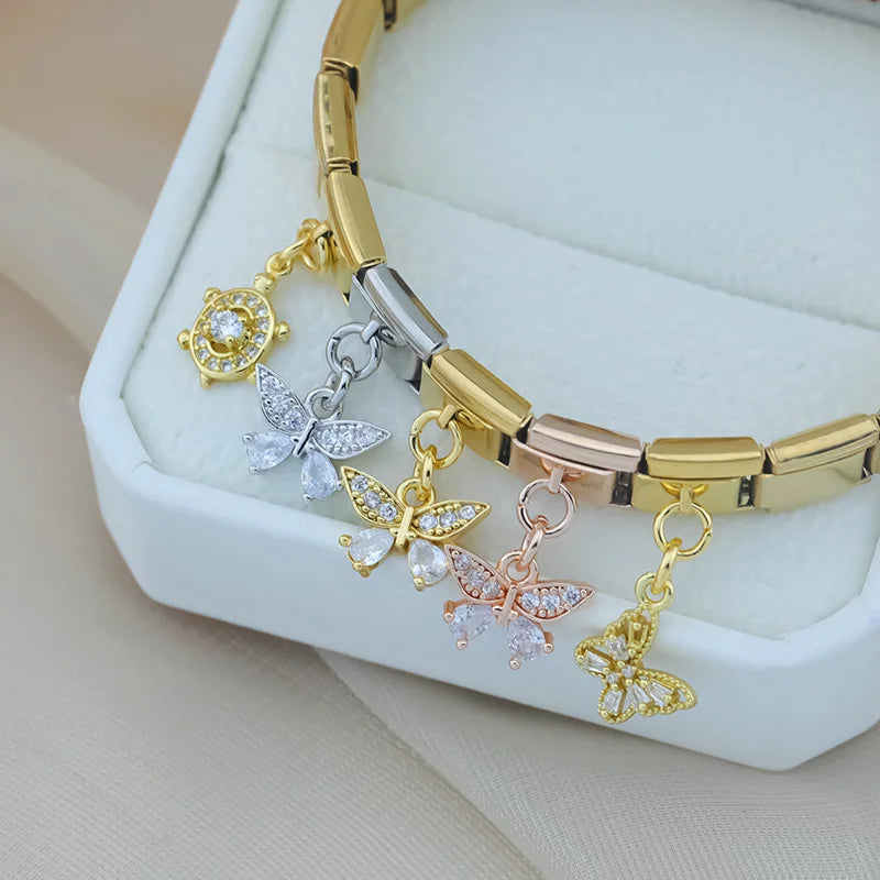 Charm Italiano Colgante - Mariposa y Tortuga con Zirconias (Oro, Plata y Rosa)