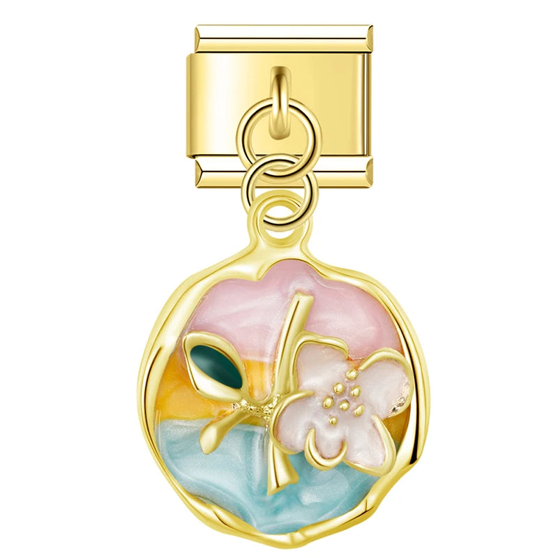 Charm Italiano Colgante - Medallón Floral (Arte Miniatura en Oro)